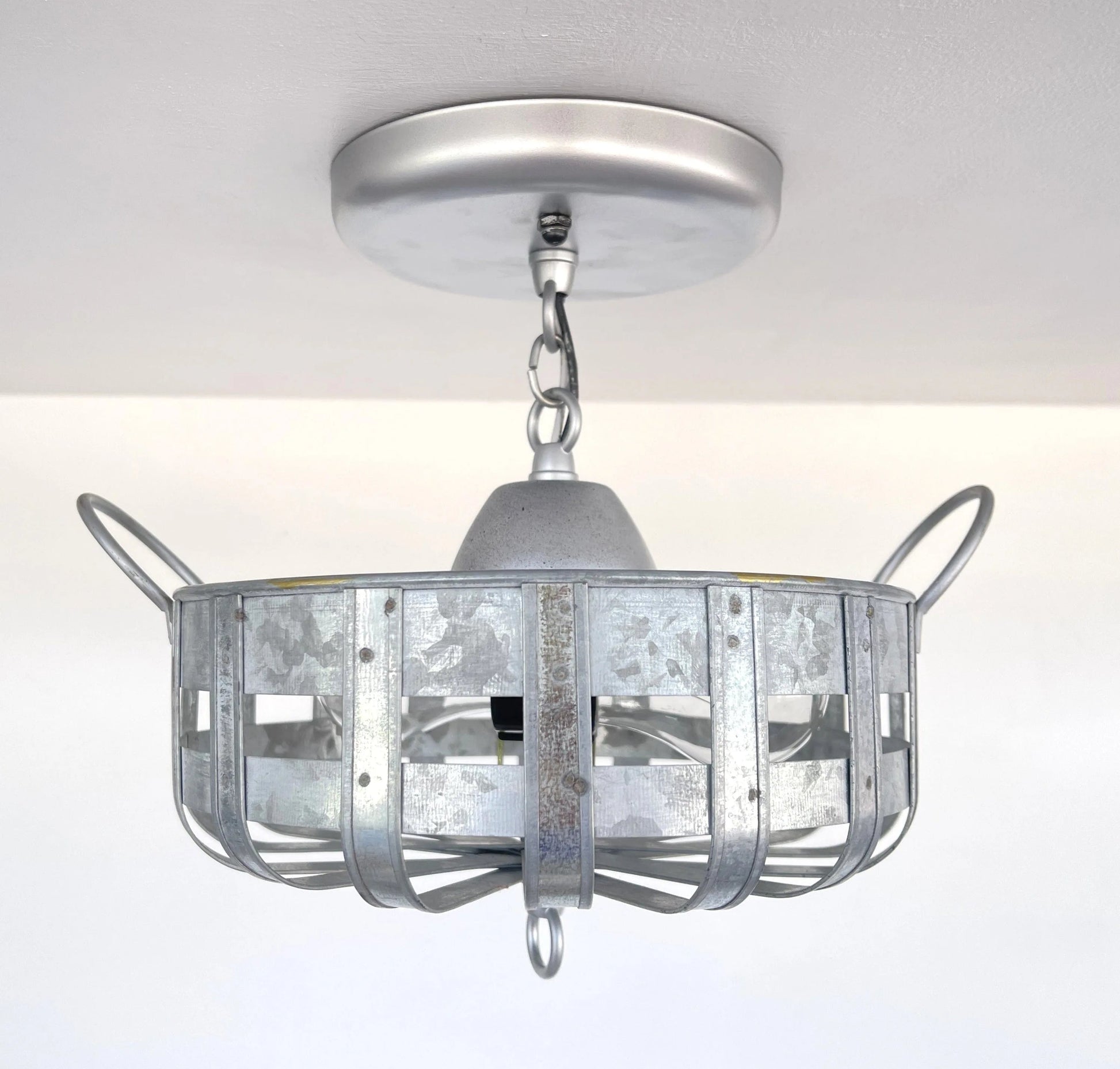 Petite Galvanized Strapped Metal Ceiling Light