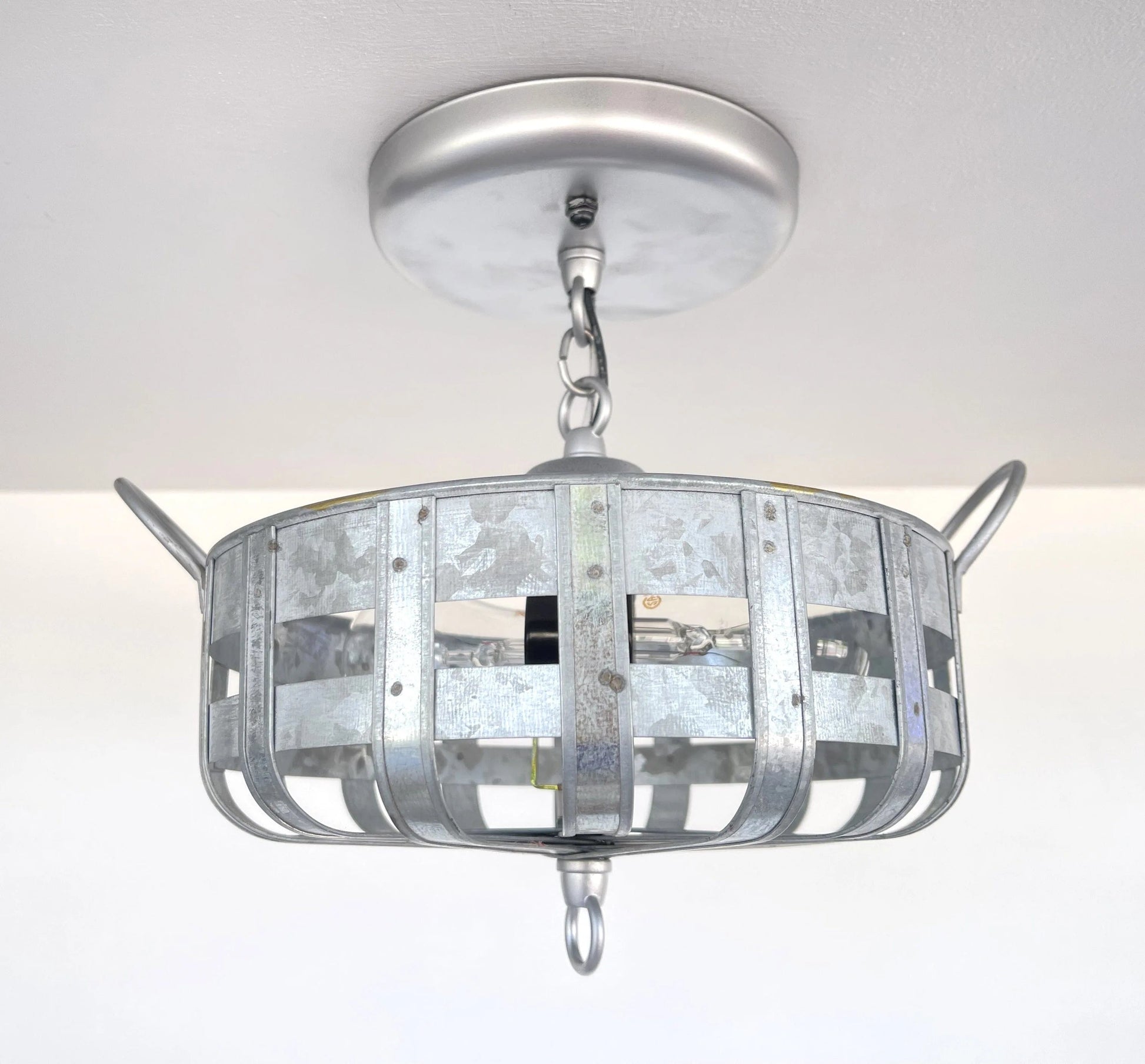 Petite Galvanized Strapped Metal Ceiling Light