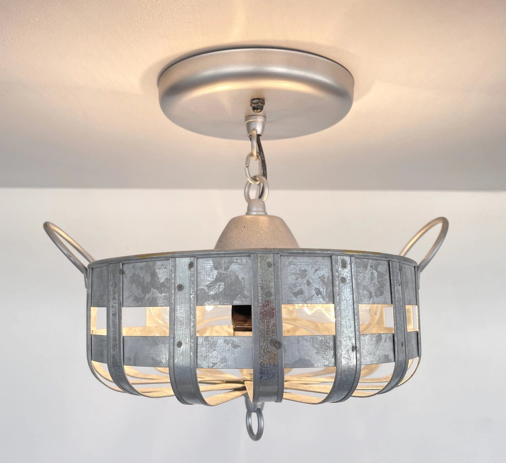 Petite Galvanized Strapped Metal Ceiling Light