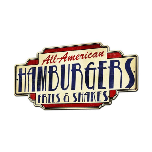 All American Hamburgers Fries & Shakes, Food and Drink, Custom Metal Shape, 28 X 15 Inches