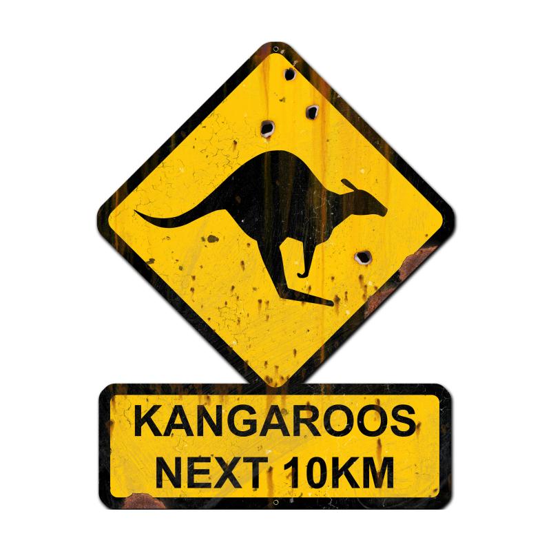 Kangaroos Next 10 km, Humor, Custom Metal Shape, 25 X 20 Inches