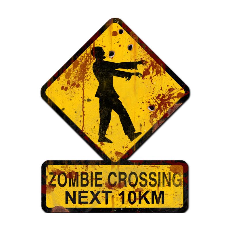 Zombie Crossing Next 10 km, Humor, Custom Metal Shape, 25 X 20 Inches