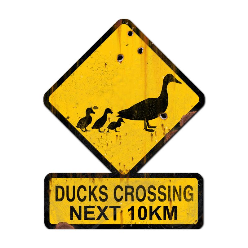 Ducks Crossing Next 10 km, Humor, Custom Metal Shape, 25 X 20 Inches