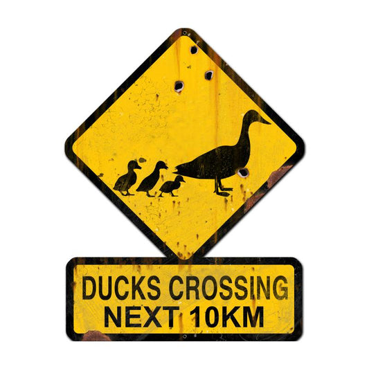 Ducks Crossing Next 10 km, Humor, Custom Metal Shape, 25 X 20 Inches