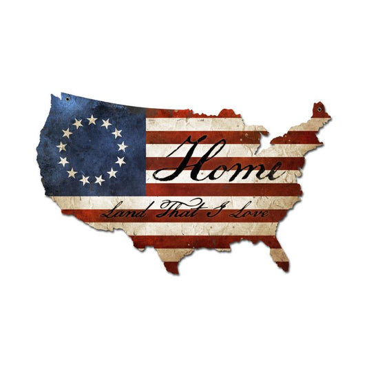 USA Flag Home, Patriotic, Custom Metal Shape, 25 X 16 Inches