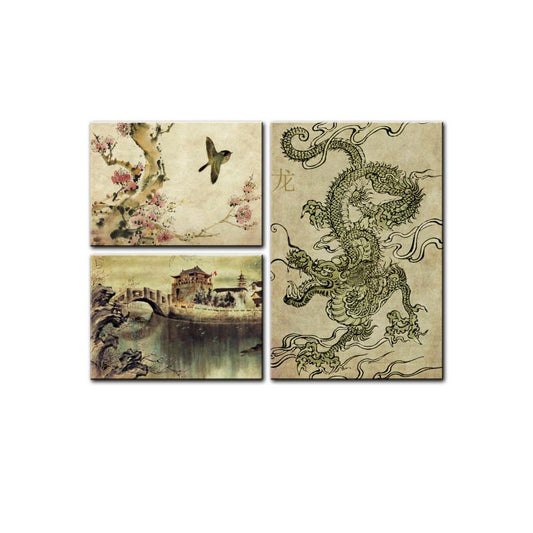Chinese Dragon, Home and Garden, Triptych, 34 X 24 Inches
