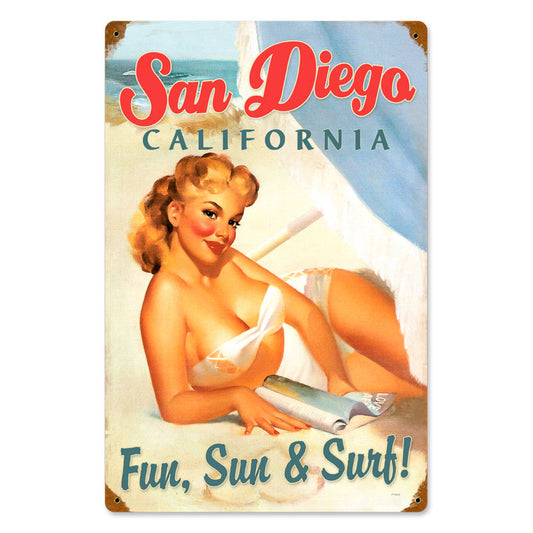 San Diego Pinup, Pinup Girls, Vintage Metal Sign, 12 X 18 Inches