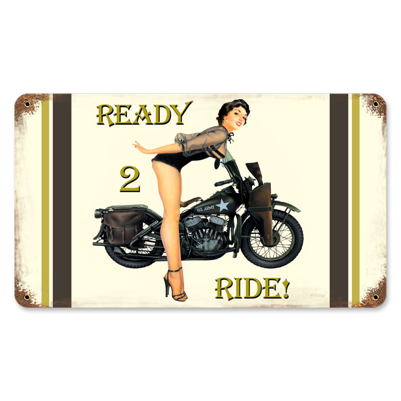 Ready 2 Ride, Pinup Girls, Vintage Metal Sign, 14 X 8 Inches