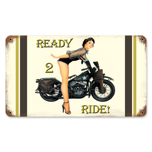 Ready 2 Ride, Pinup Girls, Vintage Metal Sign, 14 X 8 Inches