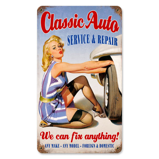 Classic Auto, Pinup Girls, Vintage Metal Sign, 8 X 14 Inches