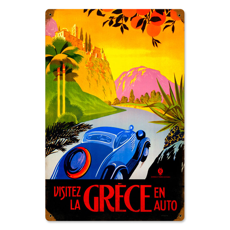 Greece Auto Travel, Foreign Language, Vintage Metal Sign, 12 X 18 Inches