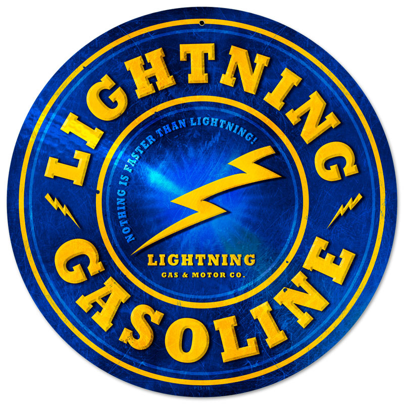 Lightning Gasoline, Automotive, Round Metal Sign, 14 X 14 Inches