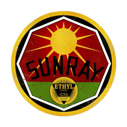Sun Ray Gasoline, Automotive, Round Metal Sign, 14 X 14 Inches