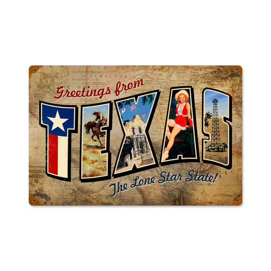 Texas Postcard, Home and Garden, Vintage Metal Sign, 18 X 12 Inches