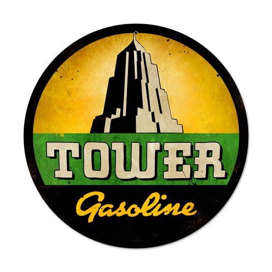 Tower Gasoline, Automotive, Round Metal Sign, 14 X 14 Inches