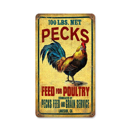 Rooster Feed, Home and Garden, Vintage Metal Sign, 8 X 14 Inches
