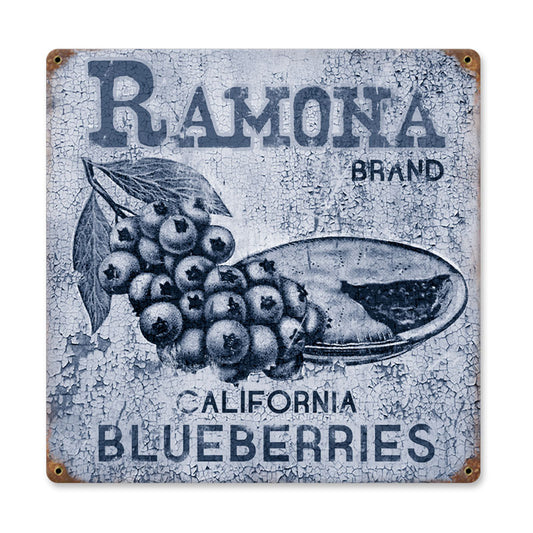 Ramona Blueberries, Food and Drink, Vintage Metal Sign, 12 X 12 Inches