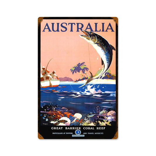 Australian Fishing, Travel, Vintage Metal Sign, 12 X 18 Inches