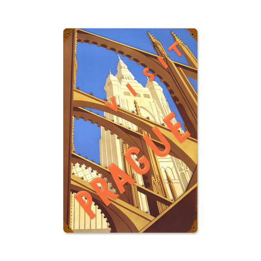 Visit Prague, Travel, Vintage Metal Sign, 12 X 18 Inches