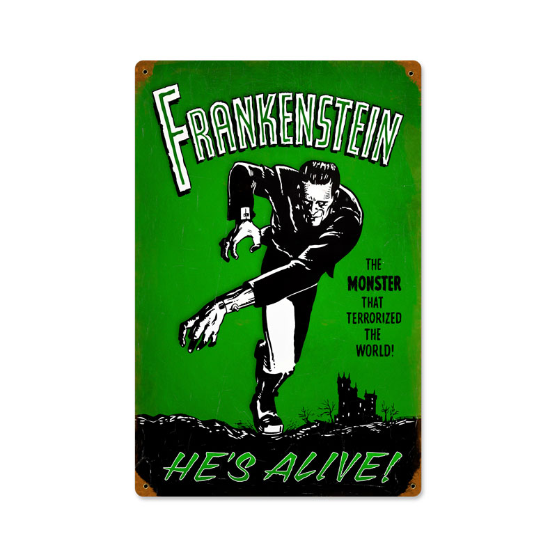 Frankenstein Alive, Humor, Vintage Metal Sign, 12 X 18 Inches