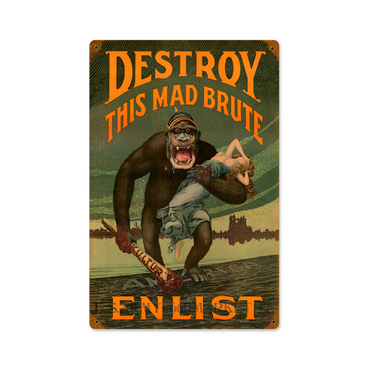 Destroy Mad Brute, Allied Military, Vintage Metal Sign, 12 X 18 Inches