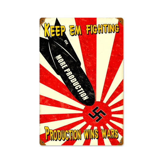 Production Wins, Allied Military, Vintage Metal Sign, 12 X 18 Inches