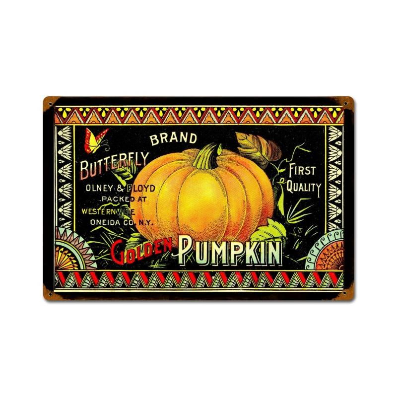 Halloween Golden Pumpkin, Home and Garden, Vintage Metal Sign, 18 X 12 Inches