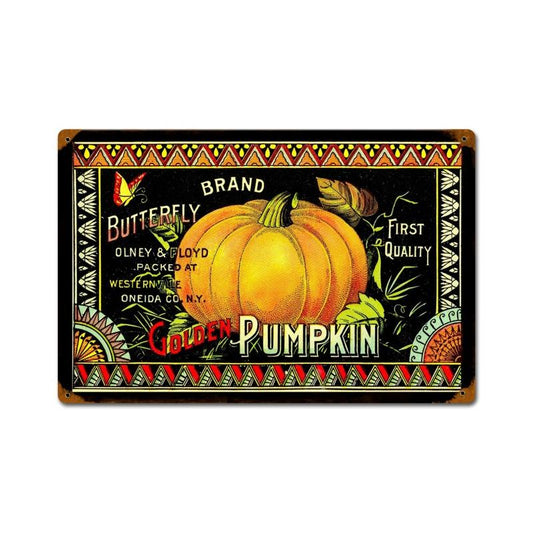 Halloween Golden Pumpkin, Home and Garden, Vintage Metal Sign, 18 X 12 Inches