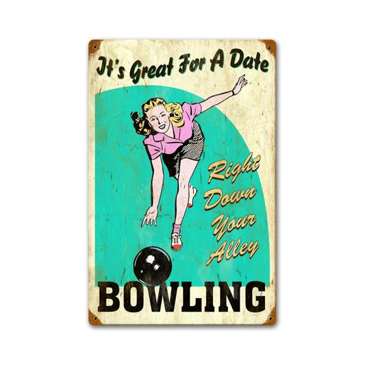 Great for Date Bowling, Sports and Recreation, Vintage Metal Sign, 12 X 18 Inches