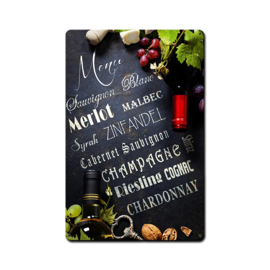Wine Menu, Food and Drink, Metal Sign, 12 X 18 Inches