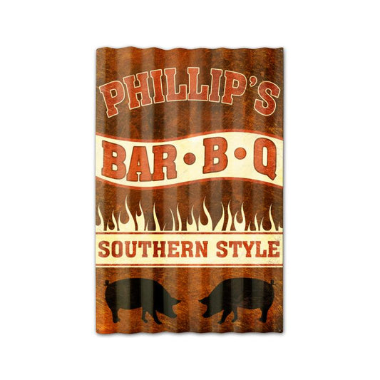Phillipƒ??s BBQ Corrugated, Food and Drink, Corrugated Rustic Barn Wood Sign, 16 X 24 Inches