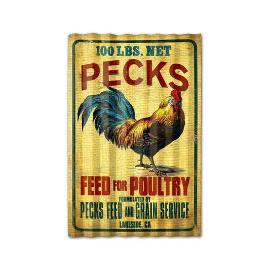 Pecks Rooster Feed Corrugated, Food and Drink, Corrugated Rustic Barn Wood Sign, 16 X 24 Inches