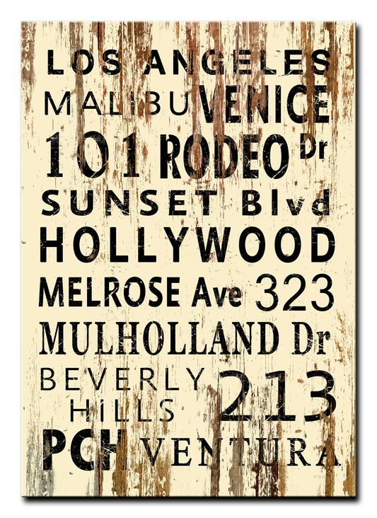 WOOD PRINT LOS ANGELES TOWN NAMES, Category/Home and Garden, WOOD PRINT, 14 X 20 Inches