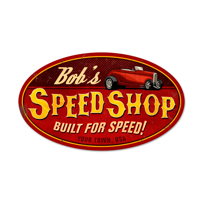 Speed Shop, Personalized, Oval Metal Sign, 24 X 14 Inches