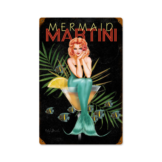 Mermaid Martini, Pinup Girls, Vintage Metal Sign, 12 X 18 Inches