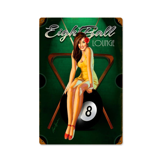 Eight Ball Pinup, Pinup Girls, Vintage Metal Sign, 12 X 18 Inches