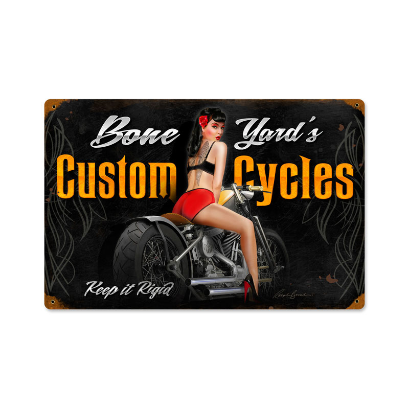 Bone Yard Cycles, Pinup Girls, Vintage Metal Sign, 18 X 12 Inches
