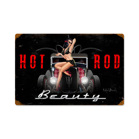 Hot Rod Beauty, Pinup Girls, Vintage Metal Sign, 18 X 12 Inches