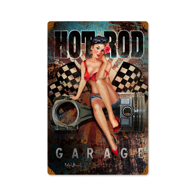 Hot Rod Garage, Pinup Girls, Vintage Metal Sign, 12 X 18 Inches