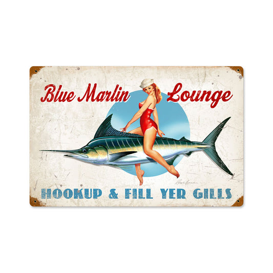 Blue Marlin Lounge, Pinup Girls, Vintage Metal Sign, 18 X 12 Inches