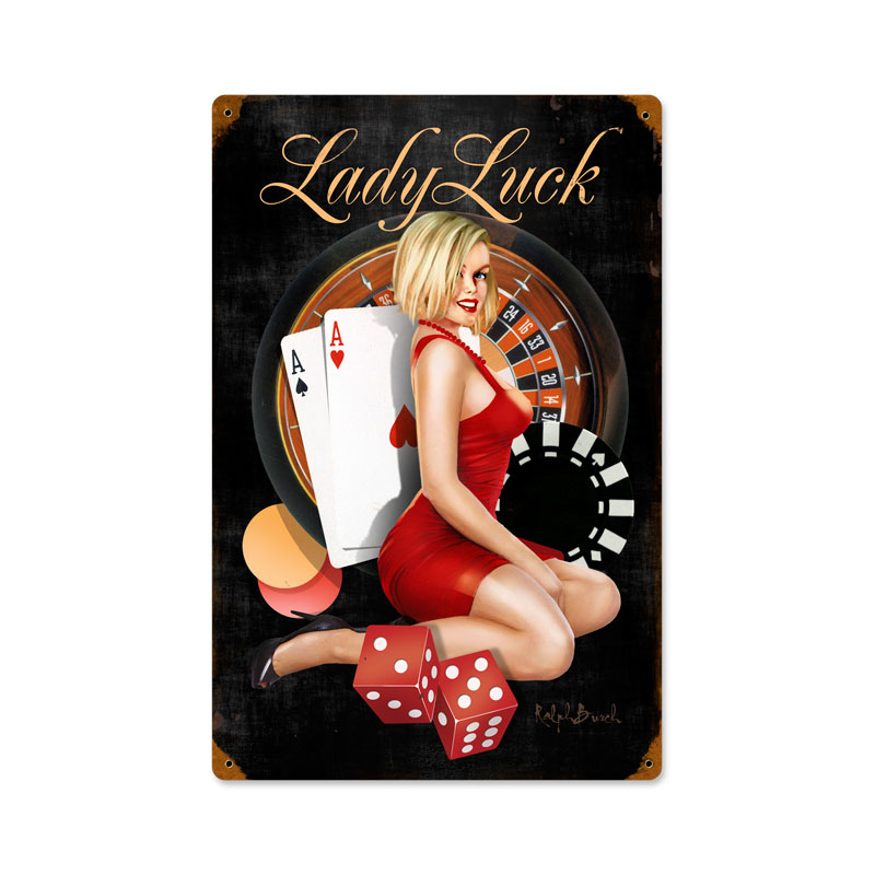 Lady Luck, Pinup Girls, Vintage Metal Sign, 12 X 18 Inches