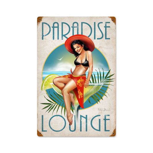 Paradise, Pinup Girls, Vintage Metal Sign, 12 X 18 Inches
