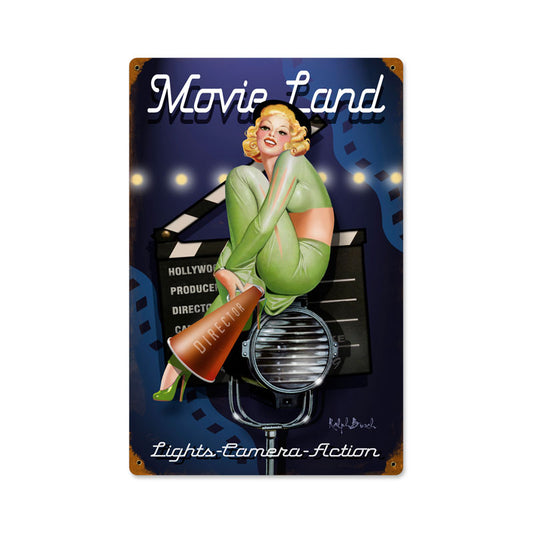 Movie Land, Pinup Girls, Vintage Metal Sign, 12 X 18 Inches