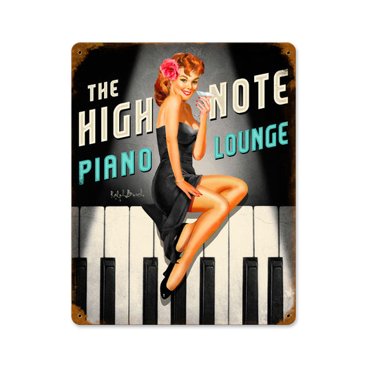High Note Piano Lounge, Pinup Girls, Vintage Metal Sign, 12 X 15 Inches