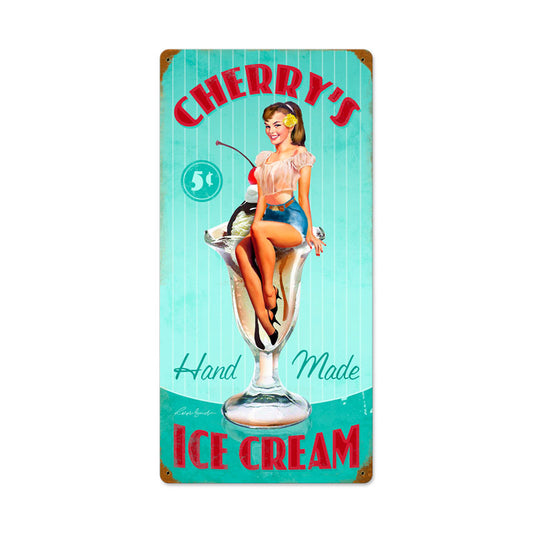Cherry's Ice Cream, Pinup Girls, Vintage Metal Sign, 12 X 24 Inches