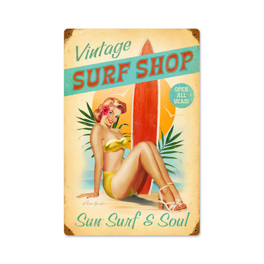 Surfer Girl, Pinup Girls, Vintage Metal Sign, 12 X 18 Inches