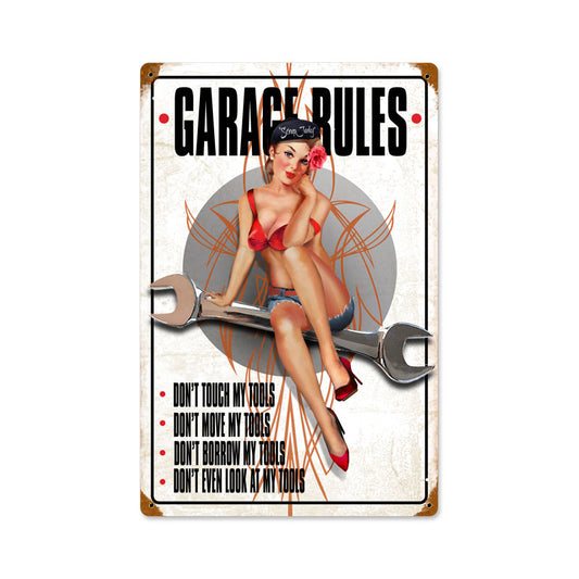 Garage Rules, Pinup Girls, Vintage Metal Sign, 12 X 18 Inches