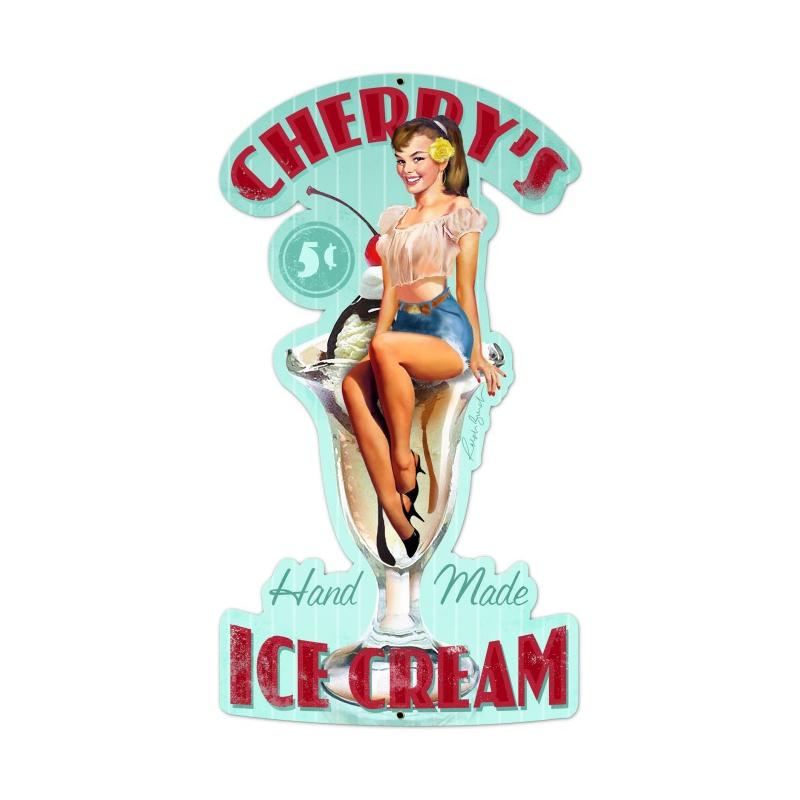 Ice Cream Cherries, Pinup Girls, Custom Metal Shape, 13 X 24 Inches