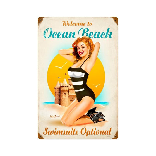 Ocean Beach Girl, Pinup Girls, Vintage Metal Sign, 12 X 18 Inches