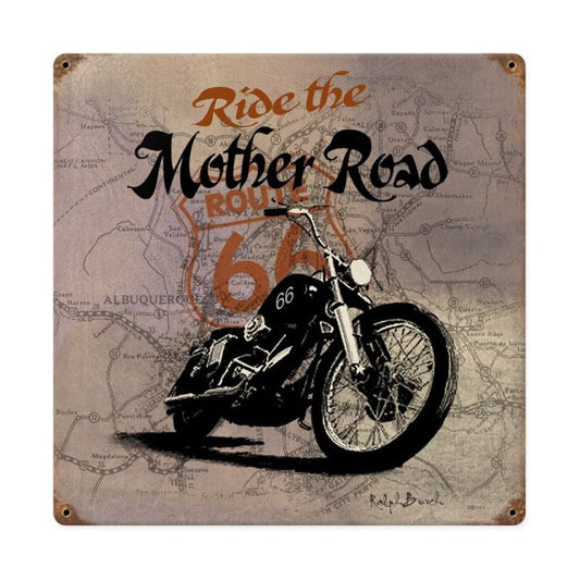Route 66 Mother Road, Motorcycle, Vintage Metal Sign, 12 X 12 Inches